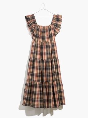 MADEWELL Cottagecore Flutter-Sleeve Tiered Midi Dress in Plaid Tiered Boho L EUC